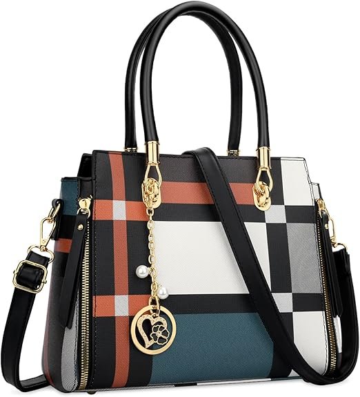 KKXIU Stylish Women Satchel Purses and Handbags Vegan Leather Top Handle Shoulder Crossbody Bag(Black Pattern)