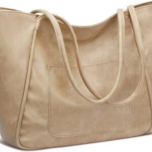 KKXIU Large Tote Bag for Women with Zipper Work Leather Travel Purse and Handbags（Beige）