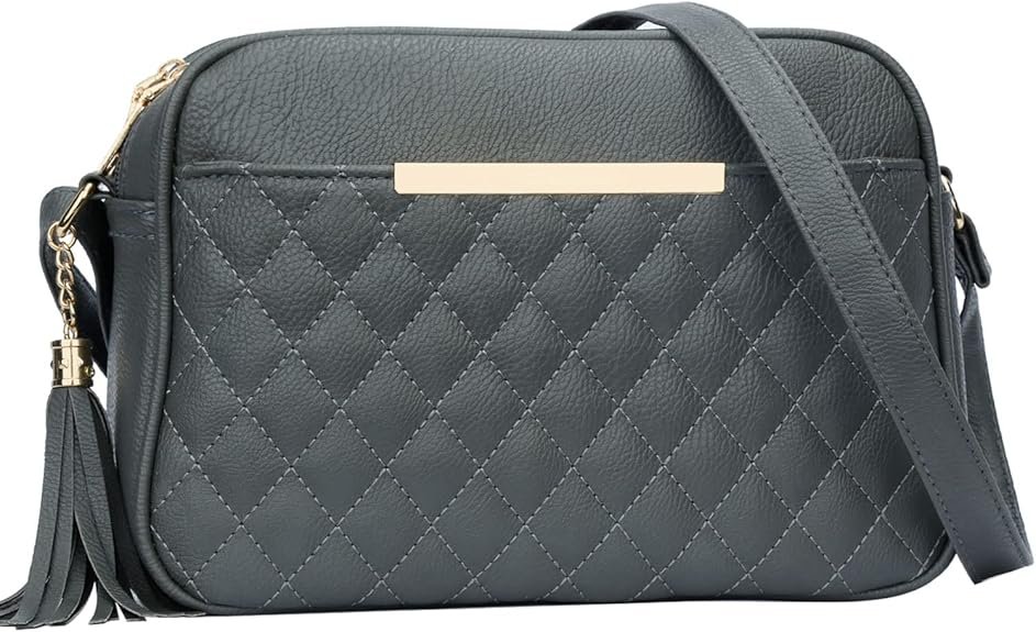 KKXIU Quilted Double Compartment Multiple Pocket Crossbody Bag for Women and Teen Girls Stylish Shoulder Purse with Tassel(  Z-grey)