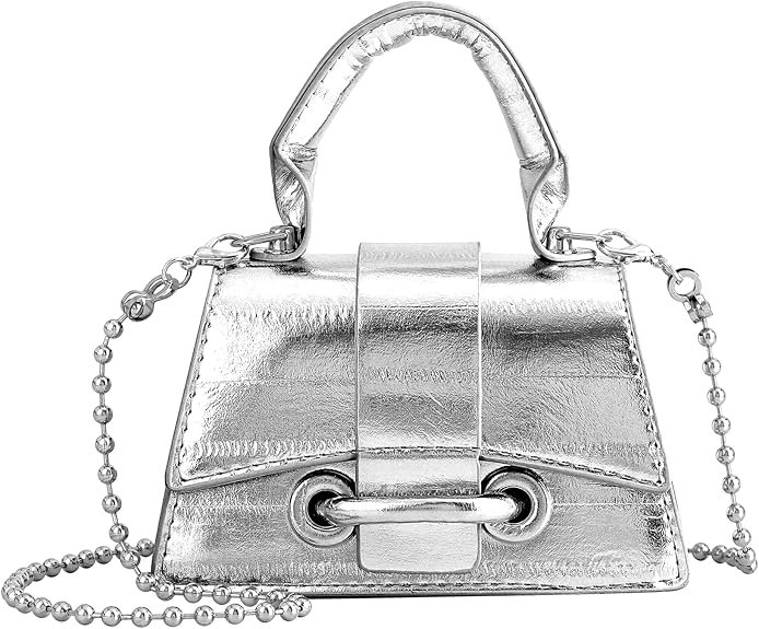 Micro Mini Crossbody Handbag Women's Purse Clutch Cute Mini Trendy Bag Top Handle PU Leather Shoulder Bag(Silver)
