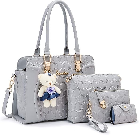 Women's Fashion Handbags Tote Bags Shoulder Bag Top Handle Satchel Purse Set 4pcs(B-grey)
