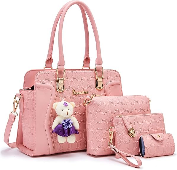 Women's Fashion Handbags Tote Bags Shoulder Bag Top Handle Satchel Purse Set 4pcs(B-pink)