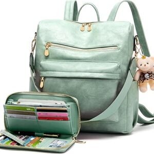 Women Backpack Purse Multipurpose Design Handbags Shoulder Bag PU Leather Travel bag Backpack Set 2pcs（Iceblue）