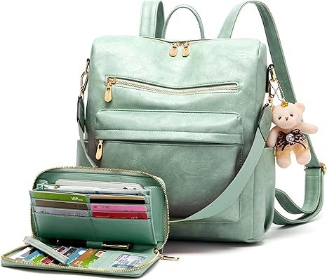 Women Backpack Purse Multipurpose Design Handbags Shoulder Bag PU Leather Travel bag Backpack Set 2pcs(Iceblue)