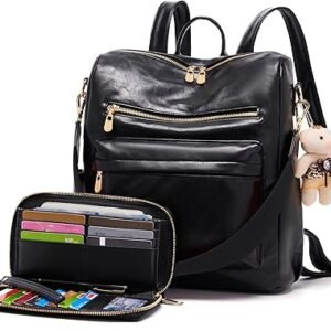 Women Backpack Purse Multipurpose Design Handbags Shoulder Bag PU Leather Travel bag Backpack Set 2pcs（Black）
