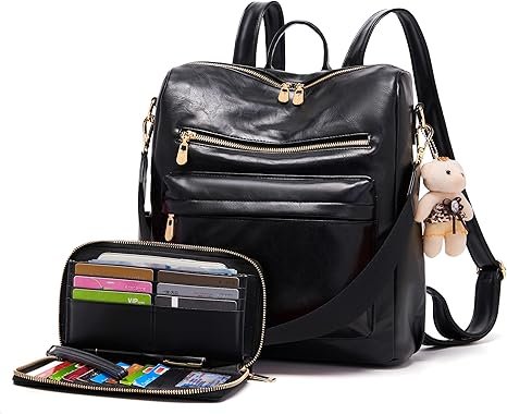 Women Backpack Purse Multipurpose Design Handbags Shoulder Bag PU Leather Travel bag Backpack Set 2pcs(Black)