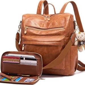 Women Backpack Purse Multipurpose Design Handbags Shoulder Bag PU Leather Travel bag Backpack Set 2pcs（Brown）