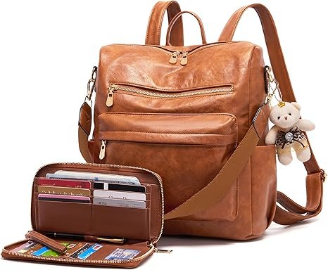 Women Backpack Purse Multipurpose Design Handbags Shoulder Bag PU Leather Travel bag Backpack Set 2pcs(Brown)