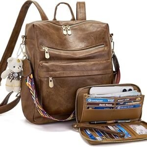 Women Backpack Purse Multipurpose Design Handbags Shoulder Bag PU Leather Travel bag Backpack Set 2pcs（Darkbrown）