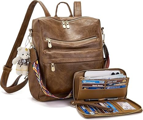 Women Backpack Purse Multipurpose Design Handbags Shoulder Bag PU Leather Travel bag Backpack Set 2pcs(Darkbrown)