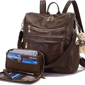 Women Backpack Purse Multipurpose Design Handbags Shoulder Bag PU Leather Travel bag Backpack Set 2pcs（Darkcamel）