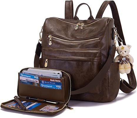 Women Backpack Purse Multipurpose Design Handbags Shoulder Bag PU Leather Travel bag Backpack Set 2pcs(Darkcamel)