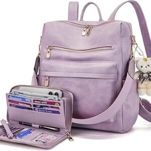 Women Backpack Purse Multipurpose Design Handbags Shoulder Bag PU Leather Travel bag Backpack Set 2pcs（Lightpurple）