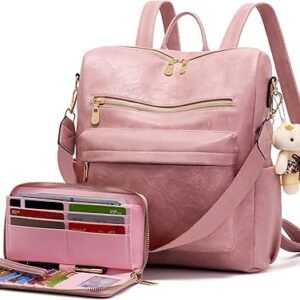 Women Backpack Purse Multipurpose Design Handbags Shoulder Bag PU Leather Travel bag Backpack Set 2pcs（Pink）