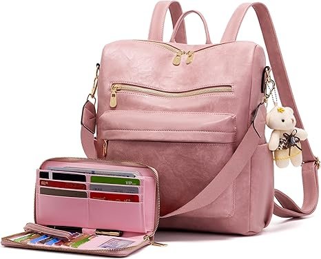 Women Backpack Purse Multipurpose Design Handbags Shoulder Bag PU Leather Travel bag Backpack Set 2pcs(Pink)