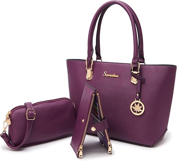 Women Handbags Wallet Tote Bag Shoulder Bag Top Handle Satchel 3pcs Purse Set(Purple)