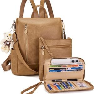 Women Fashion Backpack Purse Anti-Theft Leather Shoulder Bag Travel Multi Pockets Handbag Wallet Set 3pcs（Apricot）