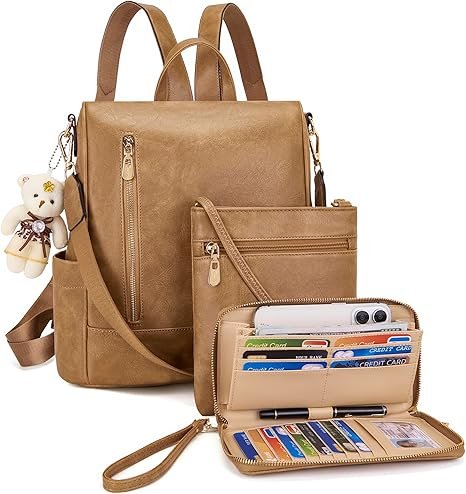 Women Fashion Backpack Purse Anti-Theft Leather Shoulder Bag Travel Multi Pockets Handbag Wallet Set 3pcs(Apricot)