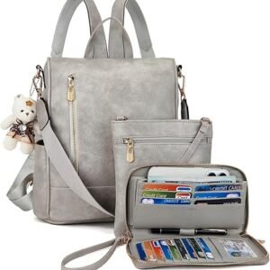 Women Fashion Backpack Purse Anti-Theft Leather Shoulder Bag Travel Multi Pockets Handbag Wallet Set 3pcs（Grey）
