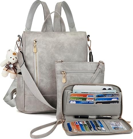 Women Fashion Backpack Purse Anti-Theft Leather Shoulder Bag Travel Multi Pockets Handbag Wallet Set 3pcs(Grey)