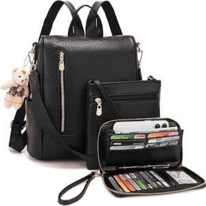 Women Fashion Backpack Purse Anti-Theft Leather Shoulder Bag Travel Multi Pockets Handbag Wallet Set 3pcs（Black）