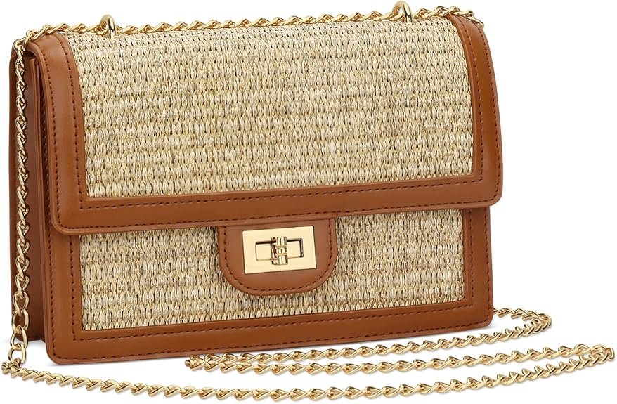 KKXIU Women Straw Crossbody Bag Summer Shoulder Bag Beach Handbag Vegan Leather Purse(Brown)