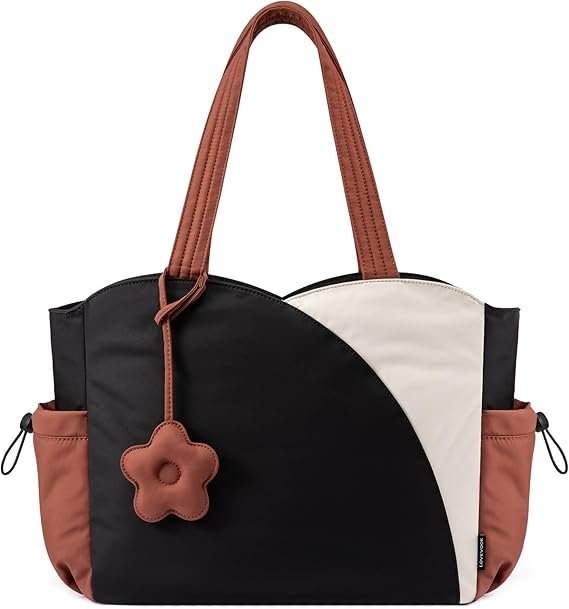 Tote Bag for Women, Puffer Work Bags with Zipper for Daily Travel College, Teacher Nurse Handbags with Laptop Sleeve(Beige-black-brown)