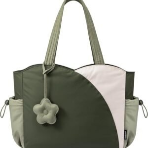 Tote Bag for Women, Puffer Work Bags with Zipper for Daily Travel College, Teacher Nurse Handbags with Laptop Sleeve(Green-beige)