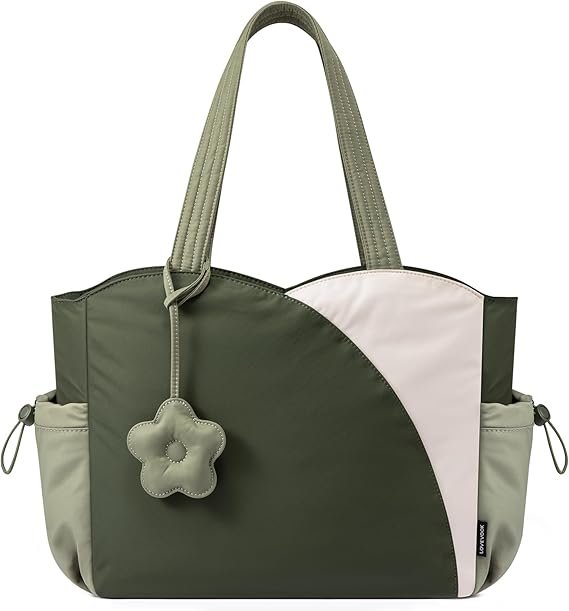 Tote Bag for Women, Puffer Work Bags with Zipper for Daily Travel College, Teacher Nurse Handbags with Laptop Sleeve(Green-beige)