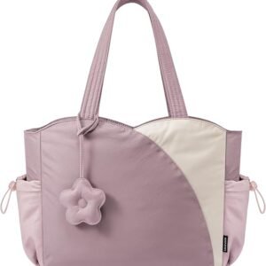 Tote Bag for Women, Puffer Work Bags with Zipper for Daily Travel College, Teacher Nurse Handbags with Laptop Sleeve(Pink-beige)