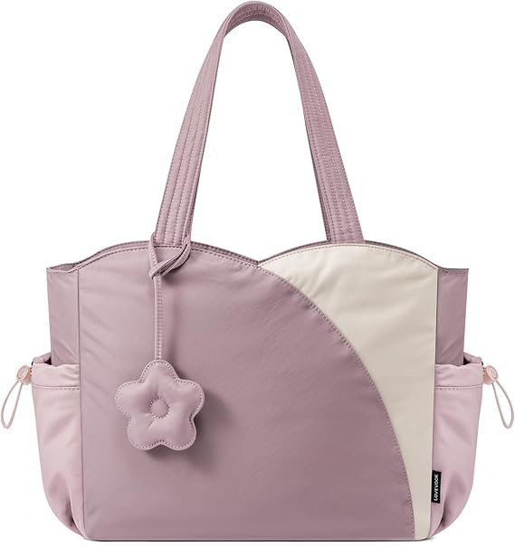 Tote Bag for Women, Puffer Work Bags with Zipper for Daily Travel College, Teacher Nurse Handbags with Laptop Sleeve(Pink-beige)