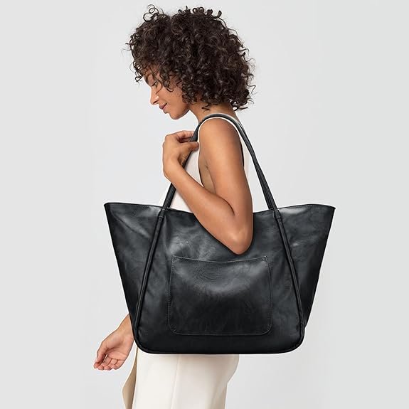 KKXIU Large Tote Bag for Women with Zipper Work Leather Travel Purse and Handbags(Black) - Image 2