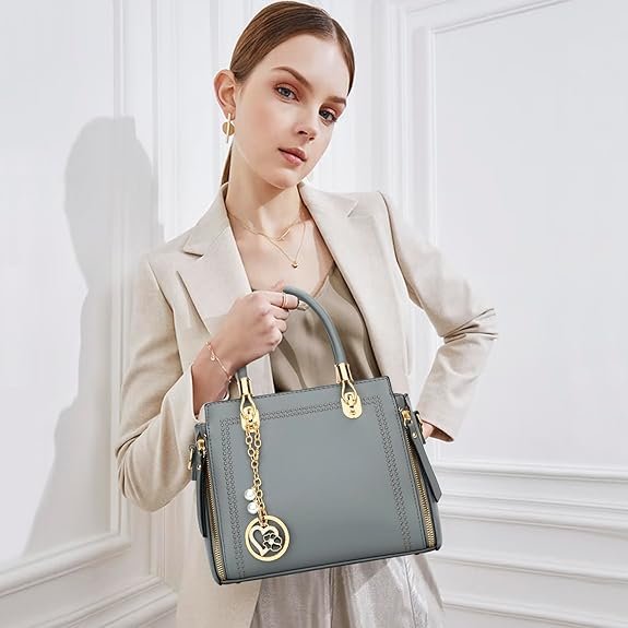 KKXIU Stylish Women Satchel Purses and Handbags Vegan Leather Top Handle Shoulder Crossbody Bag(Grey) - Image 2