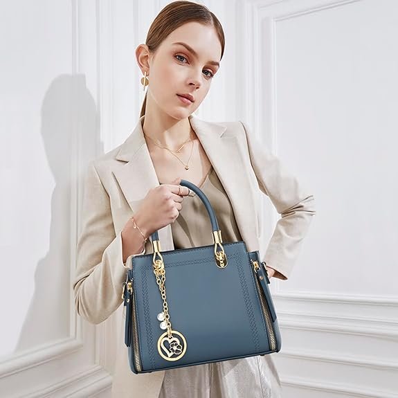 KKXIU Stylish Women Satchel Purses and Handbags Vegan Leather Top Handle Shoulder Crossbody Bag(Navy Blue) - Image 2