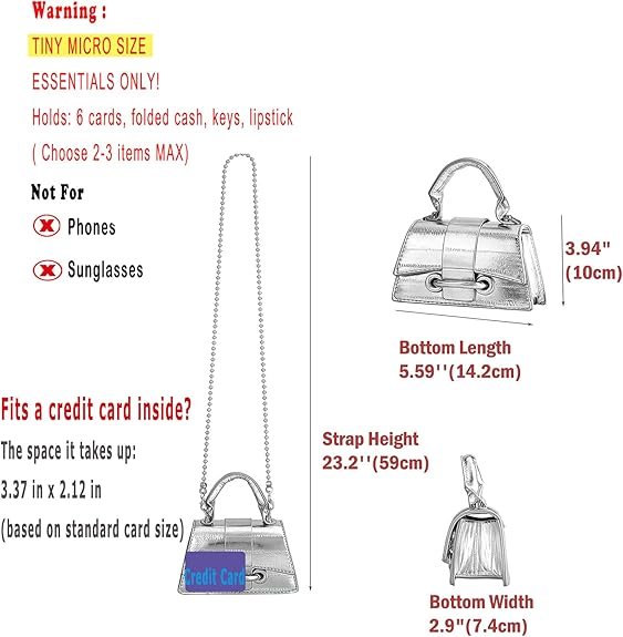 Micro Mini Crossbody Handbag Women's Purse Clutch Cute Mini Trendy Bag Top Handle PU Leather Shoulder Bag(Silver) - Image 2