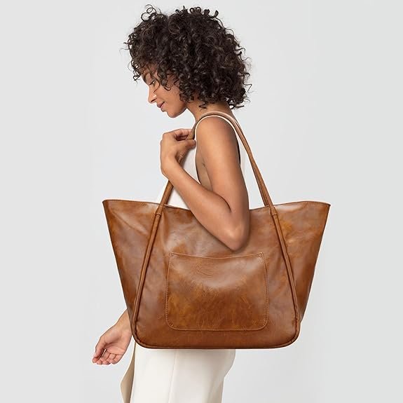 KKXIU Large Tote Bag for Women with Zipper Work Leather Travel Purse and Handbags(Dark Brown) - Image 2