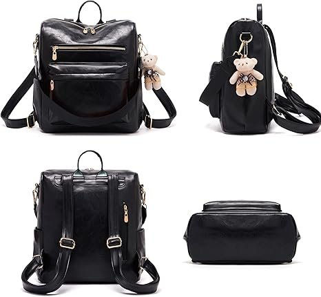 Women Backpack Purse Multipurpose Design Handbags Shoulder Bag PU Leather Travel bag Backpack Set 2pcs(Black) - Image 2