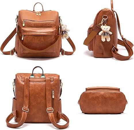 Women Backpack Purse Multipurpose Design Handbags Shoulder Bag PU Leather Travel bag Backpack Set 2pcs(Brown) - Image 2