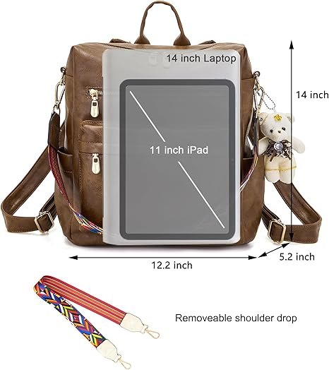 Women Backpack Purse Multipurpose Design Handbags Shoulder Bag PU Leather Travel bag Backpack Set 2pcs(Darkbrown) - Image 2