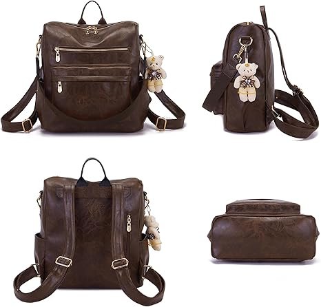 Women Backpack Purse Multipurpose Design Handbags Shoulder Bag PU Leather Travel bag Backpack Set 2pcs(Darkcamel) - Image 2