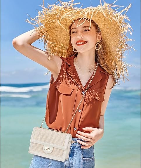 KKXIU Women Straw Crossbody Bag Summer Shoulder Bag Beach Handbag Vegan Leather Purse(Beige) - Image 2