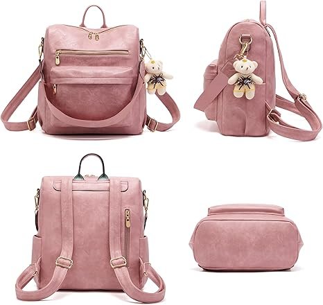 Women Backpack Purse Multipurpose Design Handbags Shoulder Bag PU Leather Travel bag Backpack Set 2pcs(Pink) - Image 2