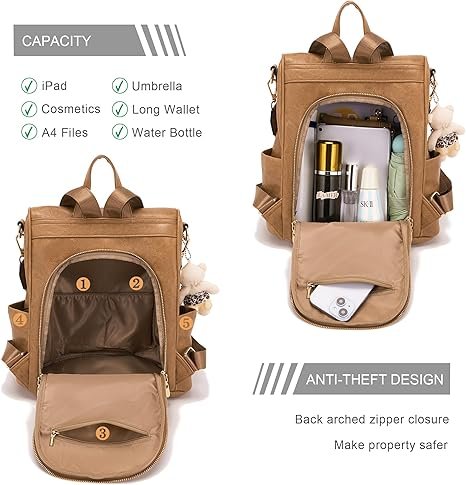 Women Fashion Backpack Purse Anti-Theft Leather Shoulder Bag Travel Multi Pockets Handbag Wallet Set 3pcs(Apricot) - Image 2