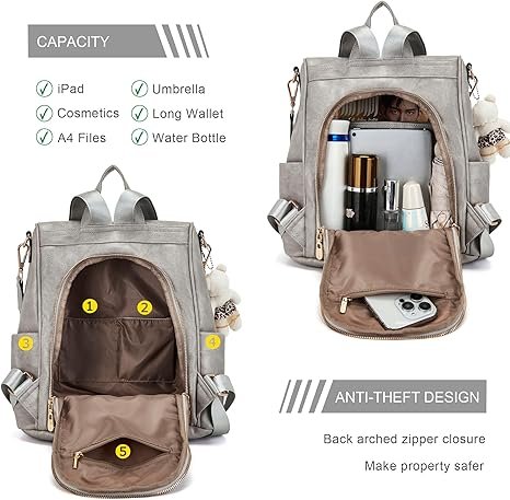 Women Fashion Backpack Purse Anti-Theft Leather Shoulder Bag Travel Multi Pockets Handbag Wallet Set 3pcs(Grey) - Image 2