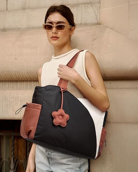 Tote Bag for Women, Puffer Work Bags with Zipper for Daily Travel College, Teacher Nurse Handbags with Laptop Sleeve(Beige-black-brown) - Image 2