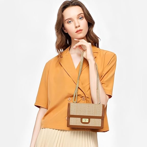 KKXIU Women Straw Crossbody Bag Summer Shoulder Bag Beach Handbag Vegan Leather Purse(Brown) - Image 2