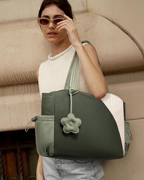 Tote Bag for Women, Puffer Work Bags with Zipper for Daily Travel College, Teacher Nurse Handbags with Laptop Sleeve(Green-beige) - Image 2