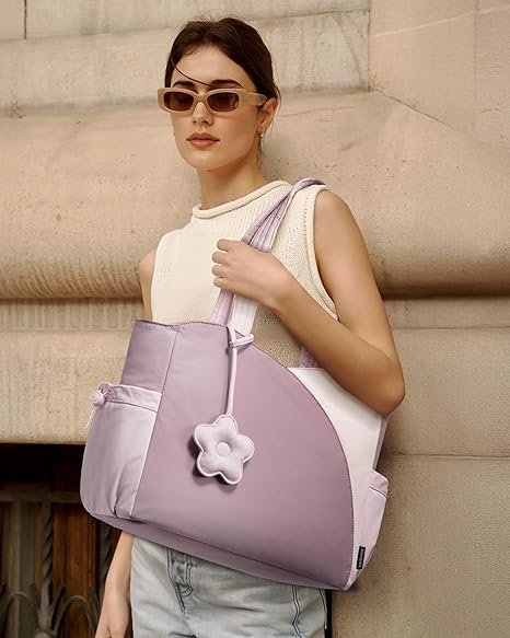 Tote Bag for Women, Puffer Work Bags with Zipper for Daily Travel College, Teacher Nurse Handbags with Laptop Sleeve(Pink-beige) - Image 2