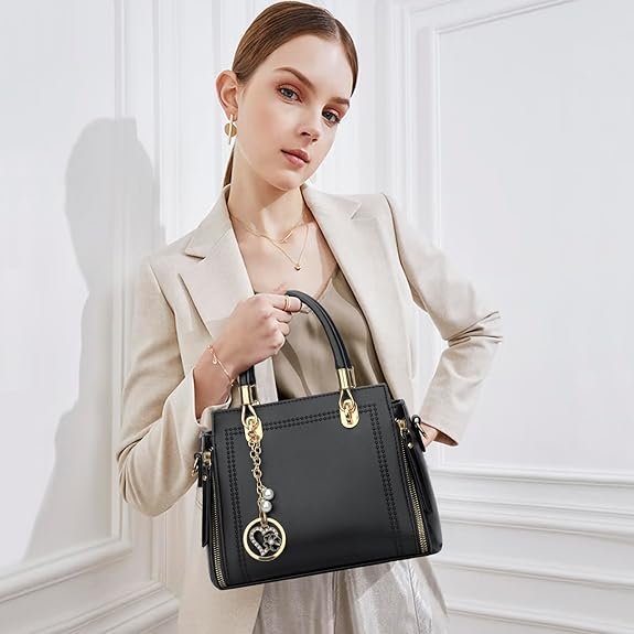 KKXIU Stylish Women Satchel Purses and Handbags Vegan Leather Top Handle Shoulder Crossbody Bag(Black) - Image 2