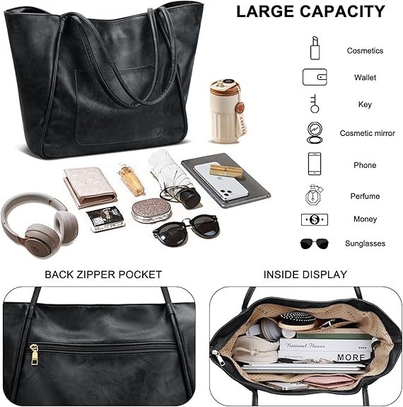 KKXIU Large Tote Bag for Women with Zipper Work Leather Travel Purse and Handbags(Black) - Image 3